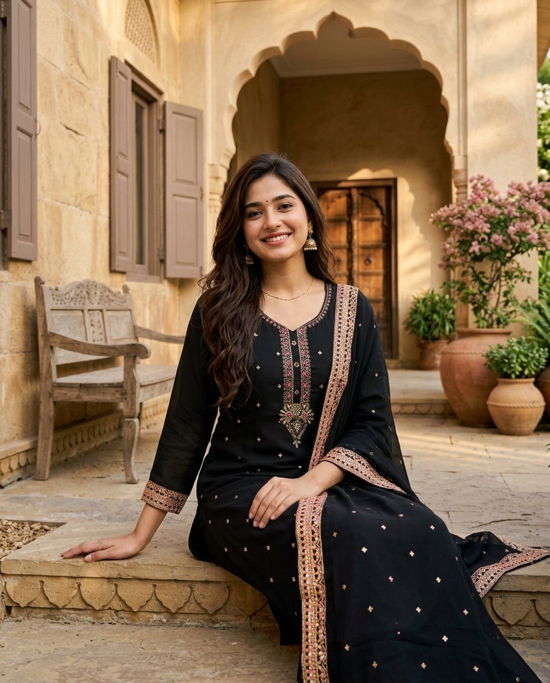 Black Embroidered Kurta with Trousers