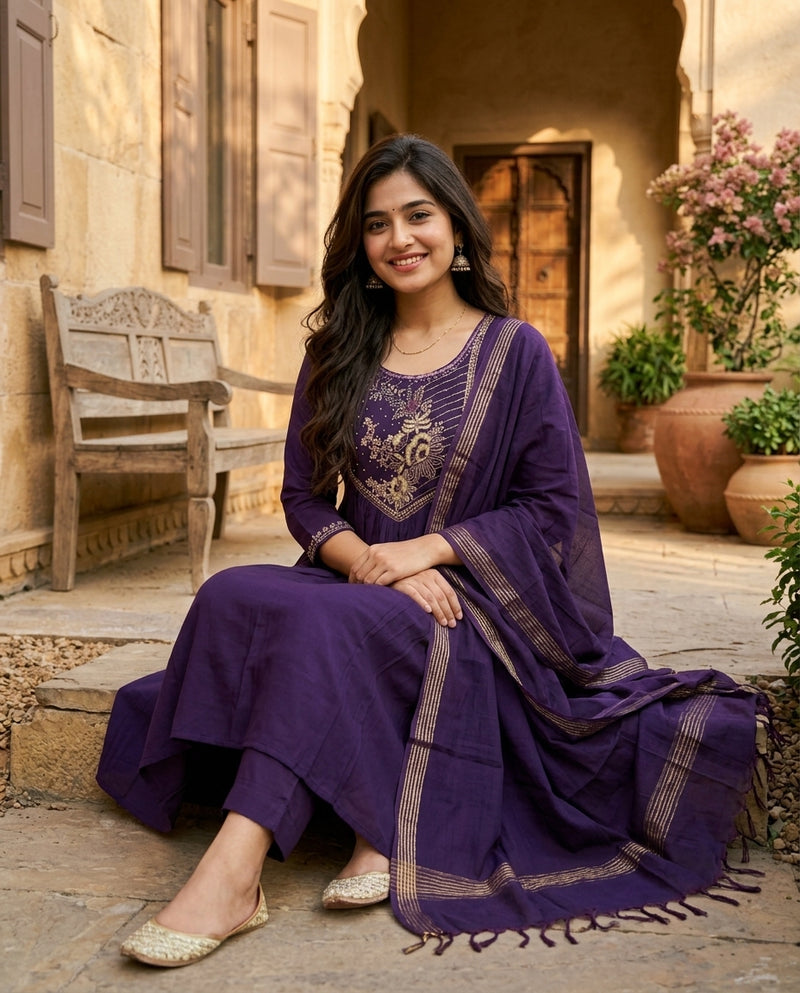 Purple Flared Frock Suit Set with Floral Embroidered Yoke