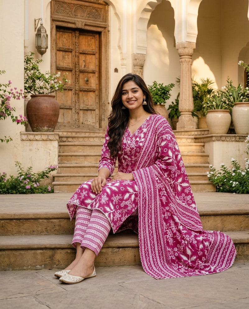 Magenta Floral Printed Kurta Set with Trousers and Dupatta