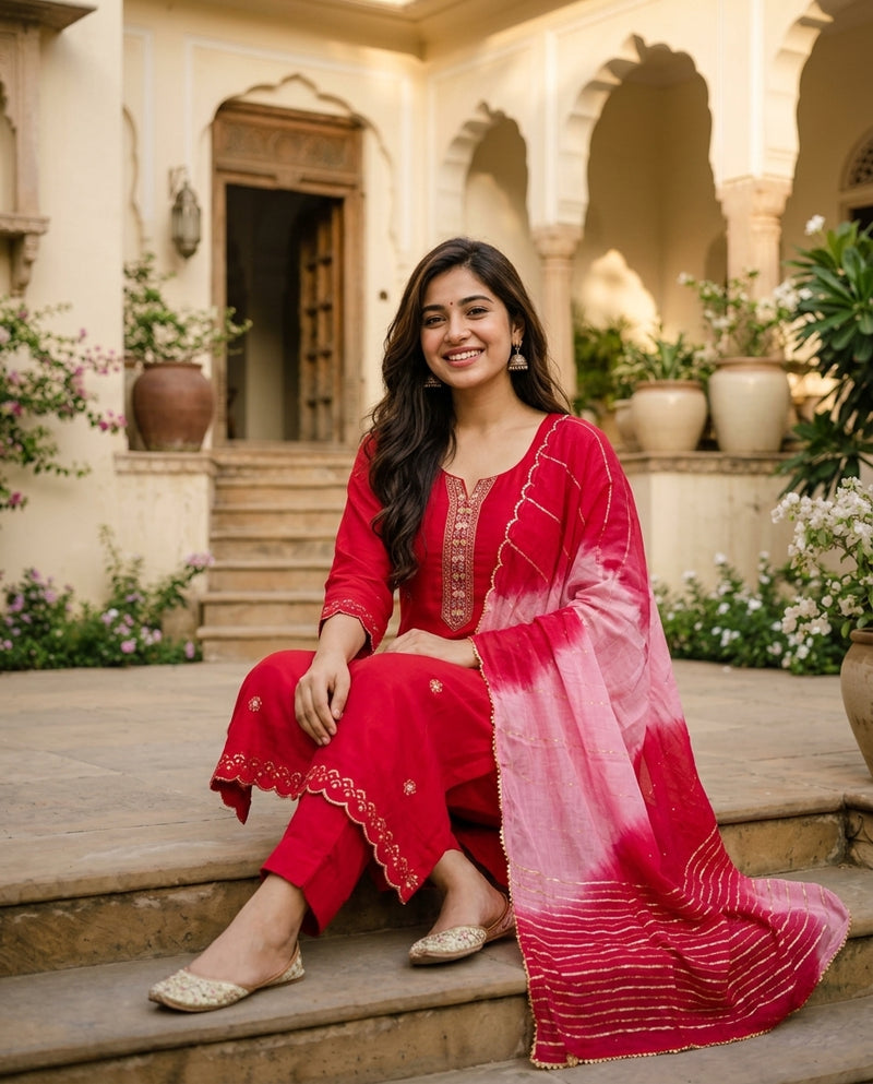 Red Embroidered Kurta Set with Leheriya Dupatta