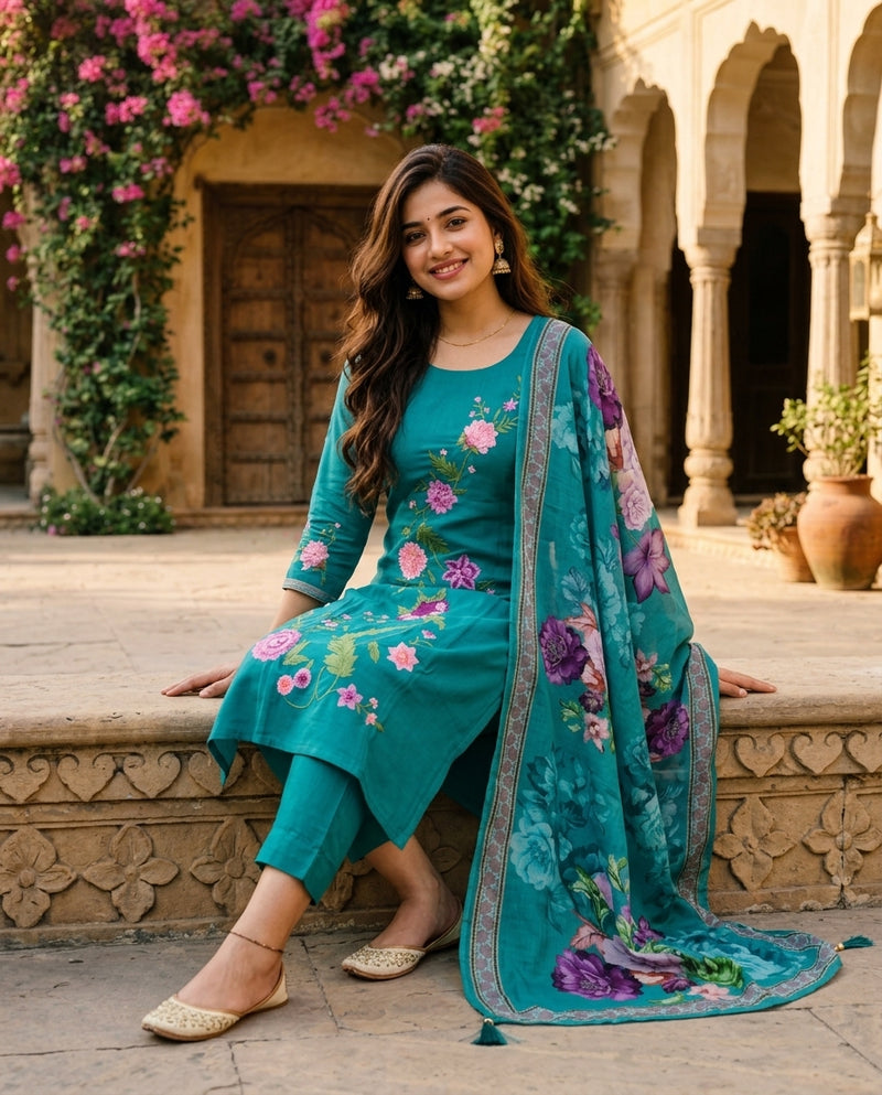 Teal Floral Embroidered Kurta Set with Printed Dupatta