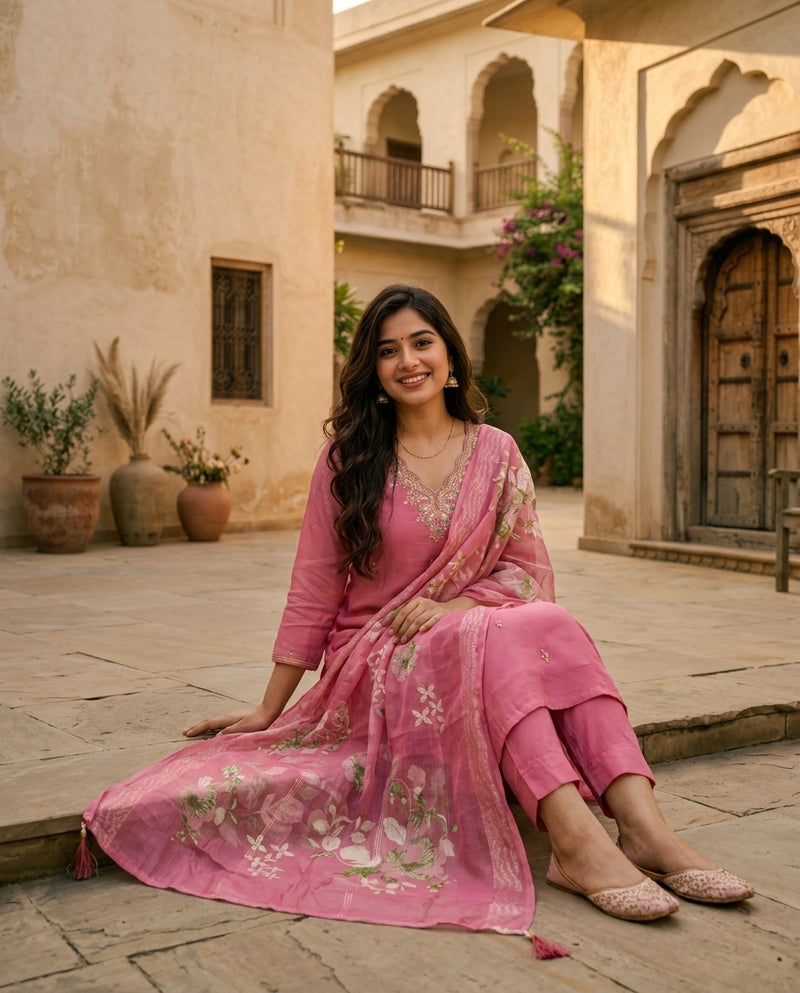 Pink Embroidered Kurta Set with Floral Print Dupatta