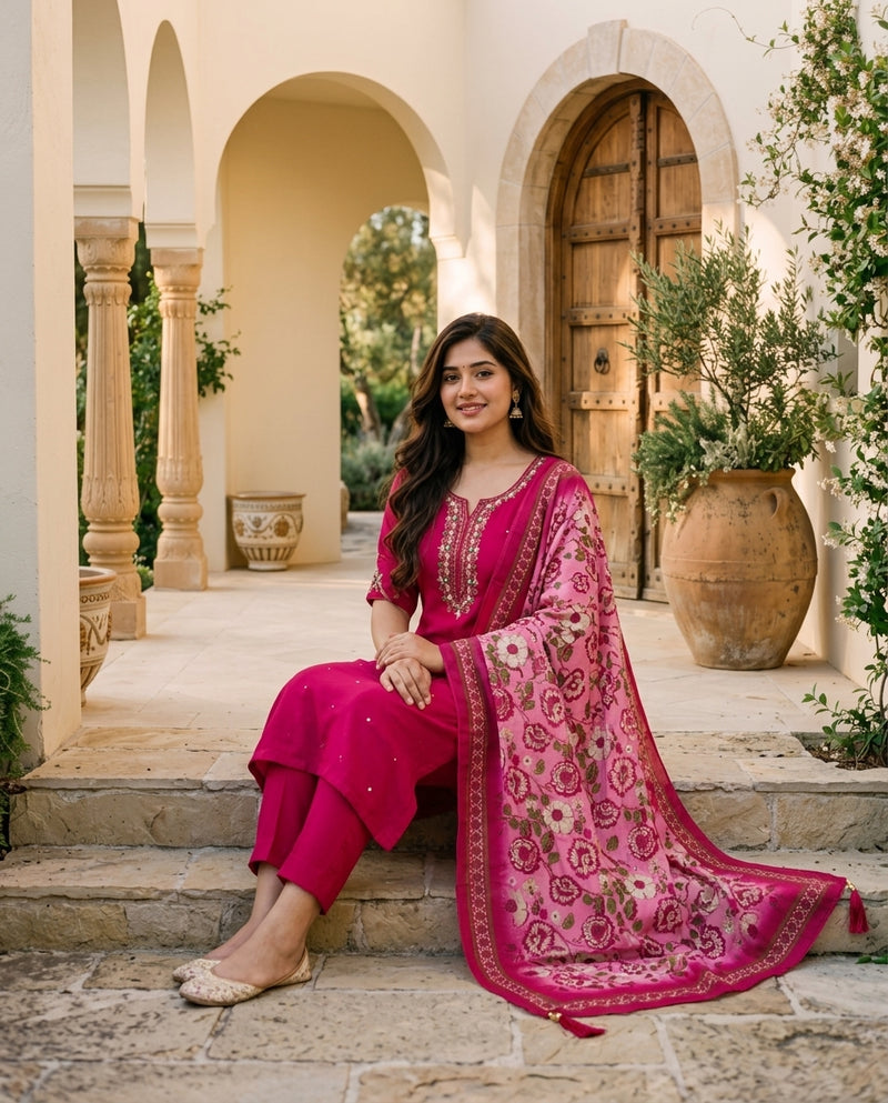 Magenta Embroidered Kurta Set with Printed Dupatta