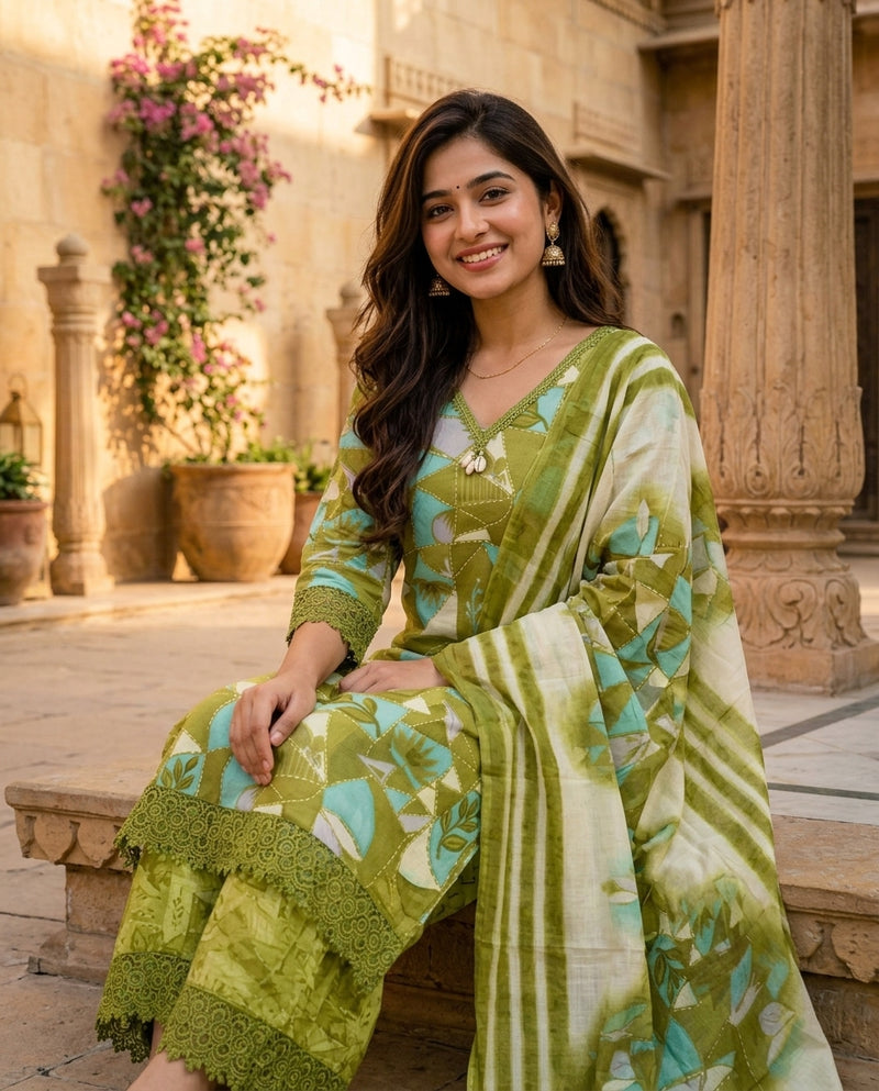 Green Printed V-Neck Kurta Set with Palazzo and Dupatta
