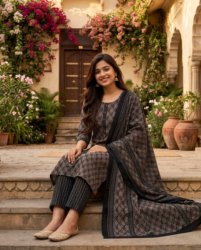 Black Geometric Printed Kurta Set with Pants and Dupatta