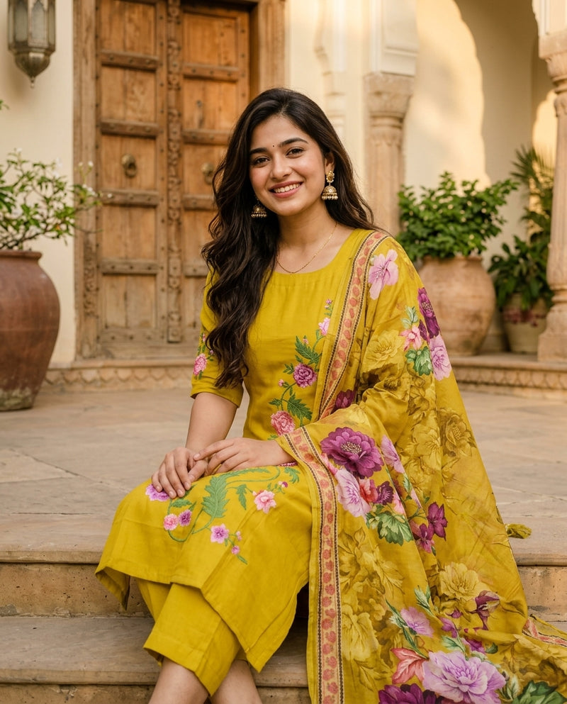 Yellow Floral Embroidered Kurta Set with Dupatta