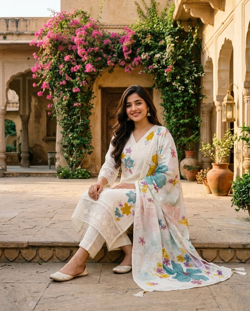 Off-White Floral Embroidered Kurta Set with Dupatta