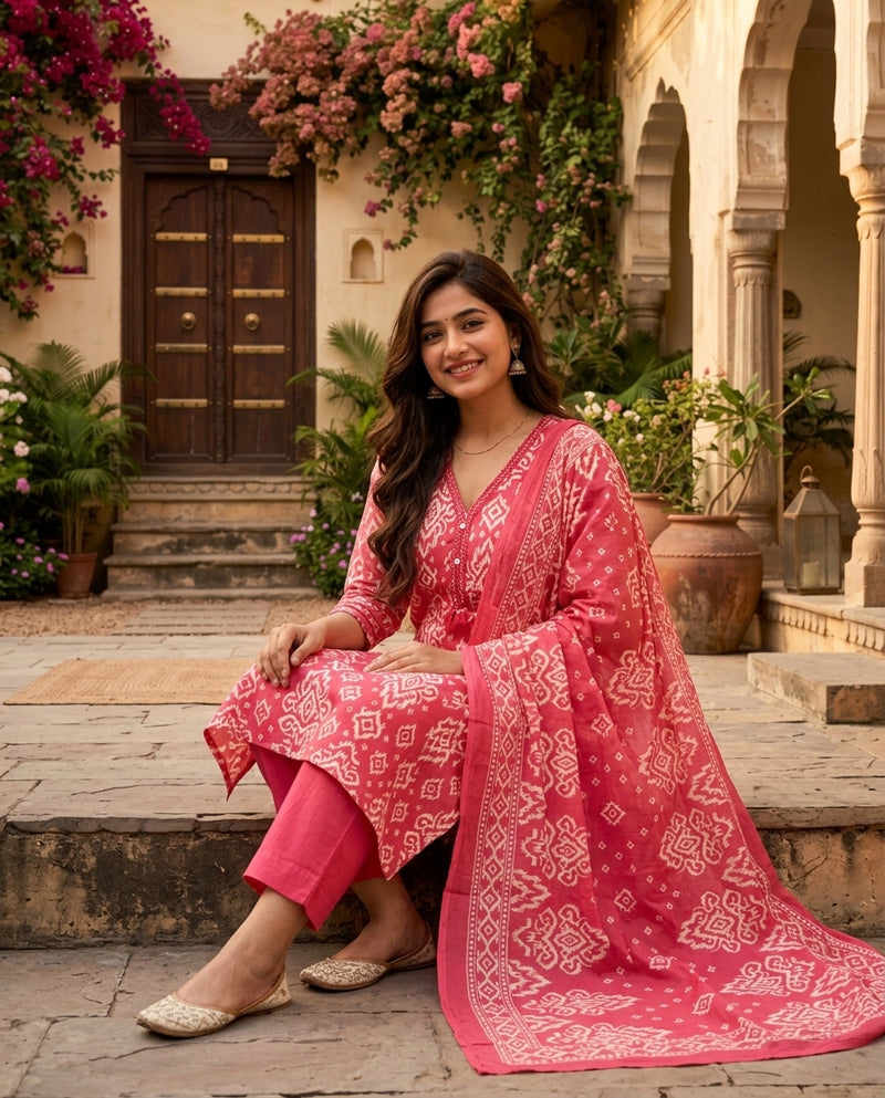 Pink Ikat Printed Kurta Set with Trousers and Dupatta
