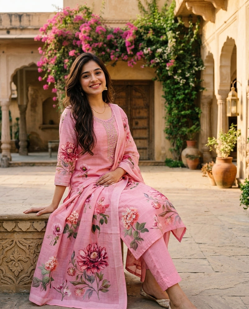 Pink Floral Print Kurta Set with Embroidered Yoke