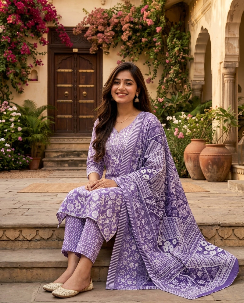 Purple Floral Printed V-Neck Kurta Set with Dupatta