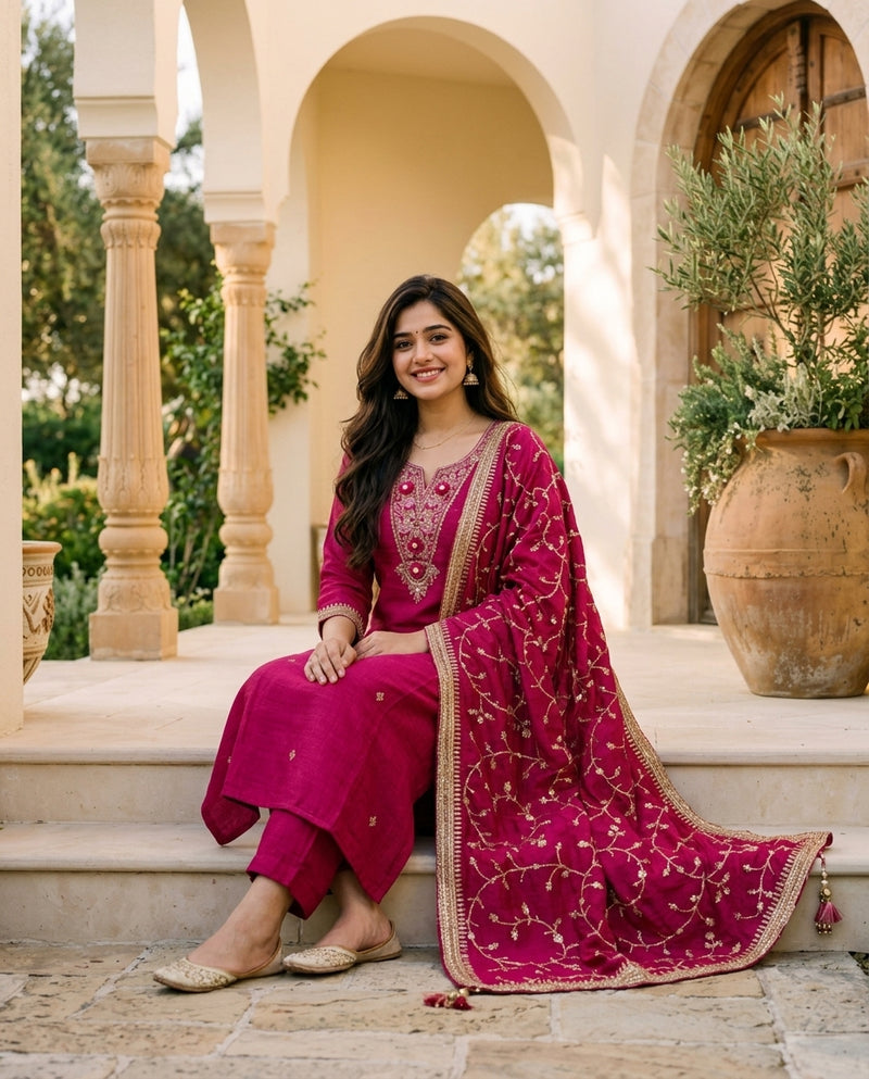 Magenta Embroidered Kurta Set with Dupatta and Trousers