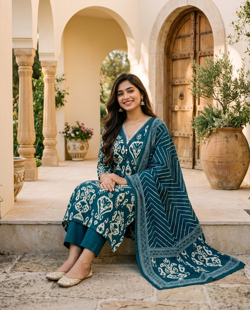 Teal Ikat Print Kurta Set with Dupatta