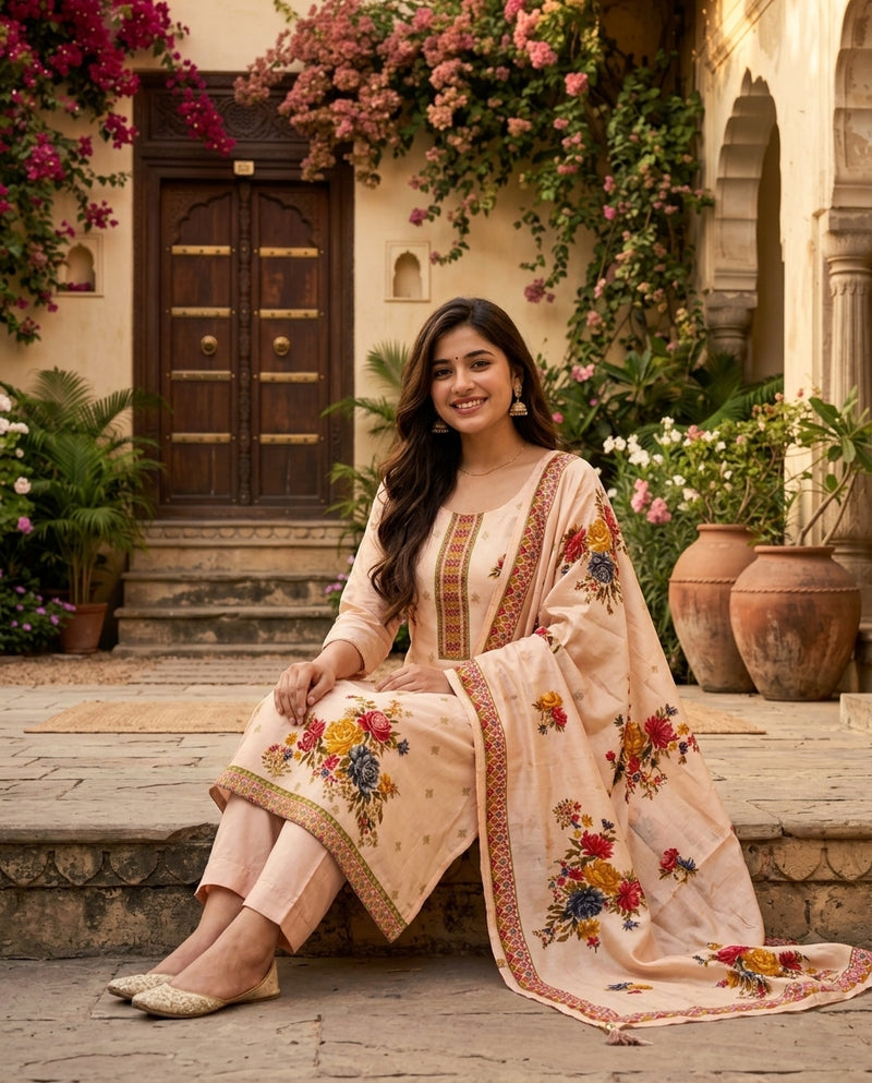 Peach Floral Print and Embroidered Yoke Suit Set