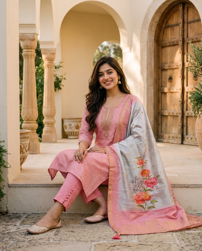 Pink Embroidered Kurta Set with Dupatta
