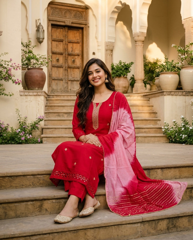 Red Embroidered Kurta Set with Leheriya Dupatta