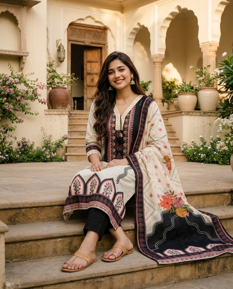 Off-White and Black Printed Suit Set with Dupatta