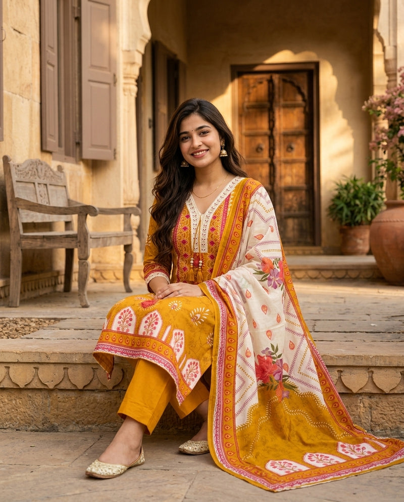 Mustard Yellow Floral Printed Suit Set with Lace Trim