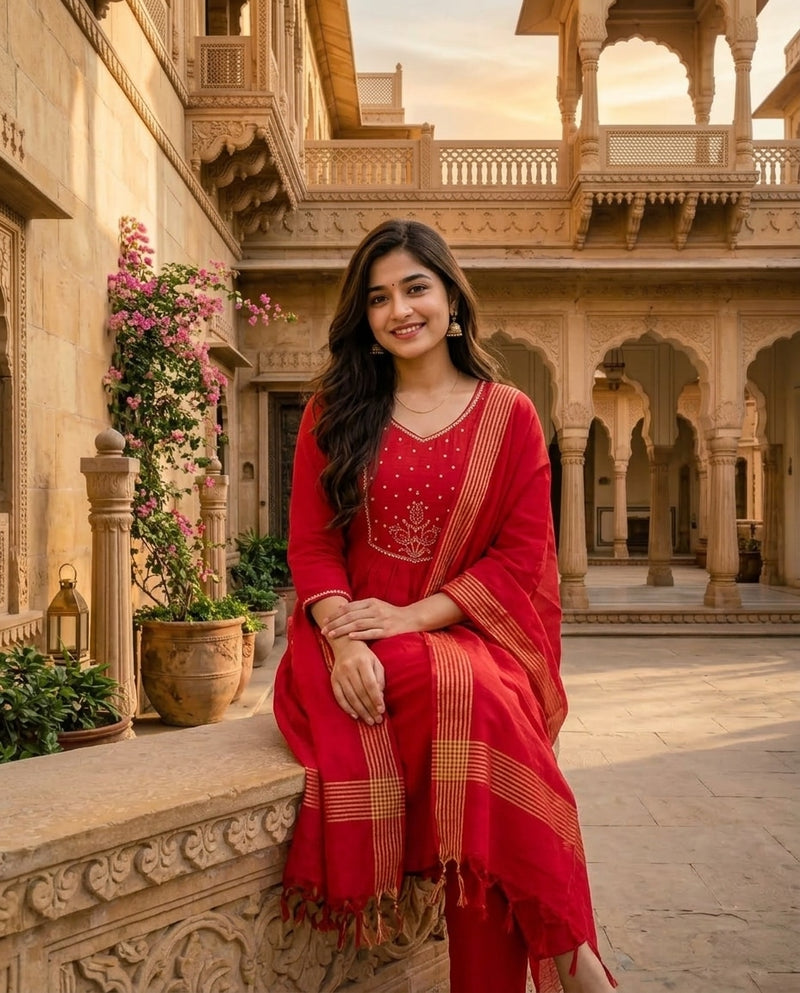 Red and Gold Embroidered V-Neck Kurta Set with Dupatta