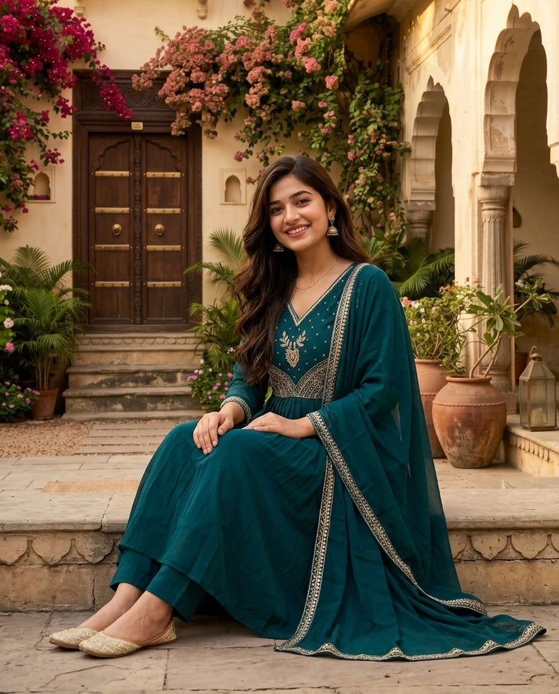 Teal and Gold Embroidered Ankle Length Frock Suit with Dupatta