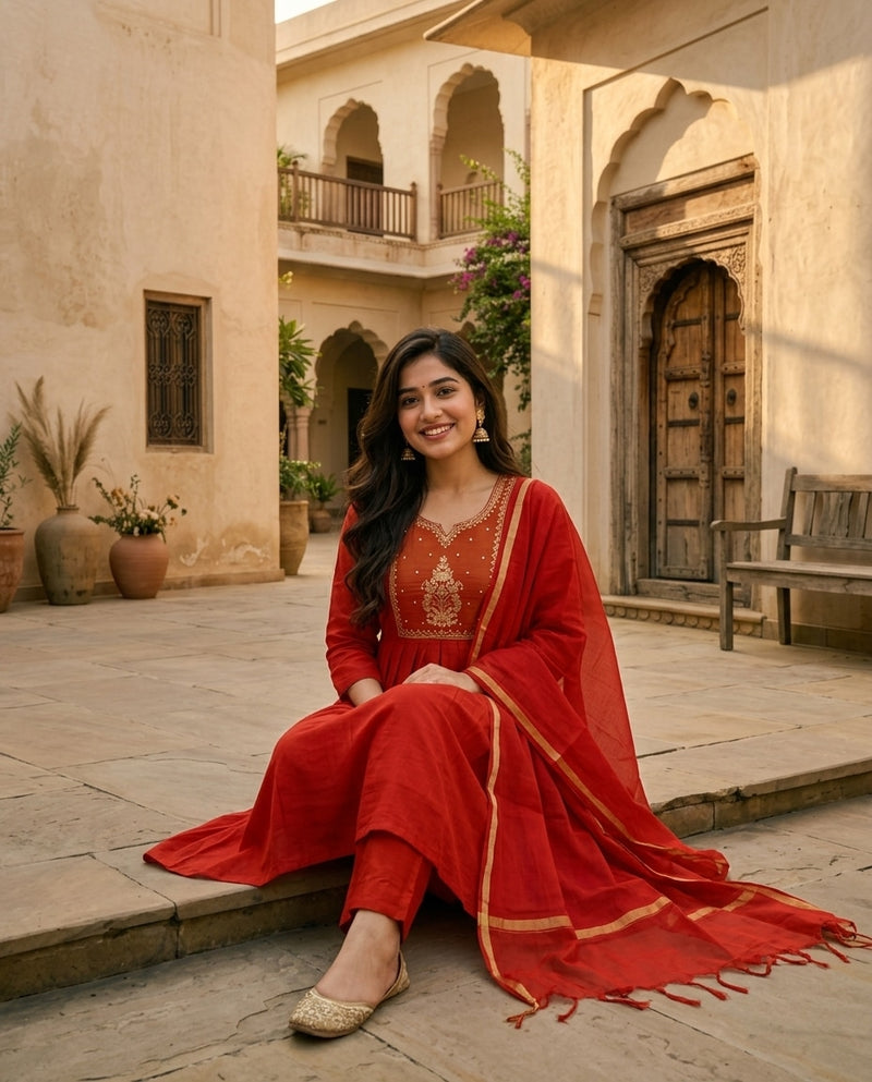Red and Gold Anarkali Suit Set with Embroidered Yoke