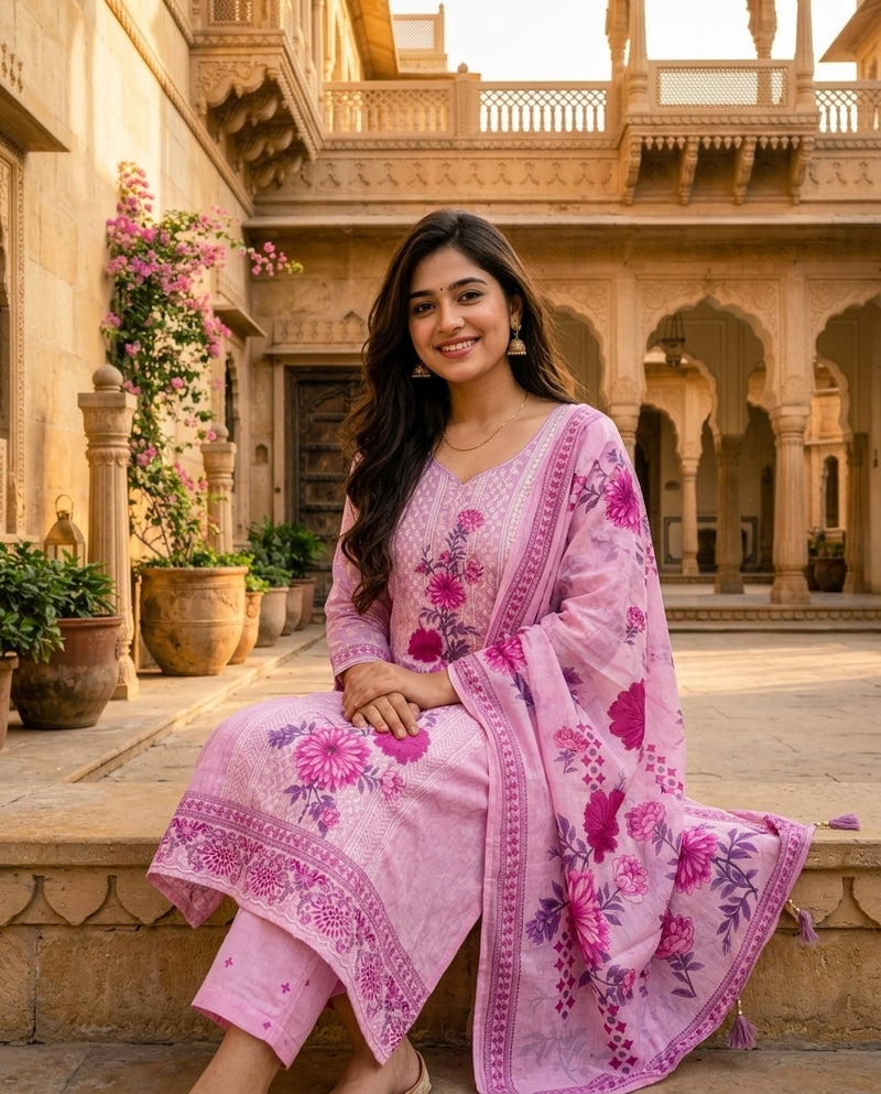 Pink and Magenta Printed Frock Suit with Dupatta