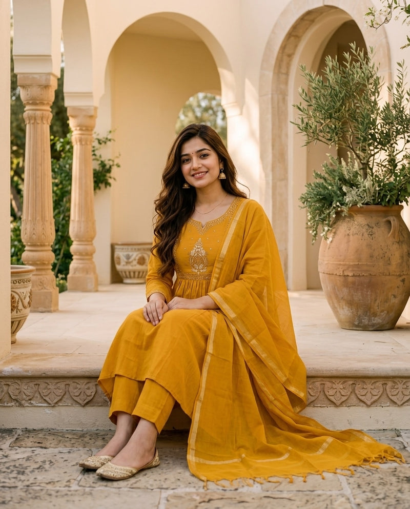 Mustard Yellow Anarkali Kurta Set with Embroidered Yoke