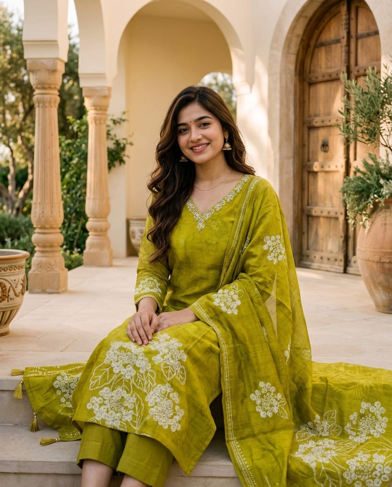 Olive Green Floral Embroidered Kurta Set with Dupatta