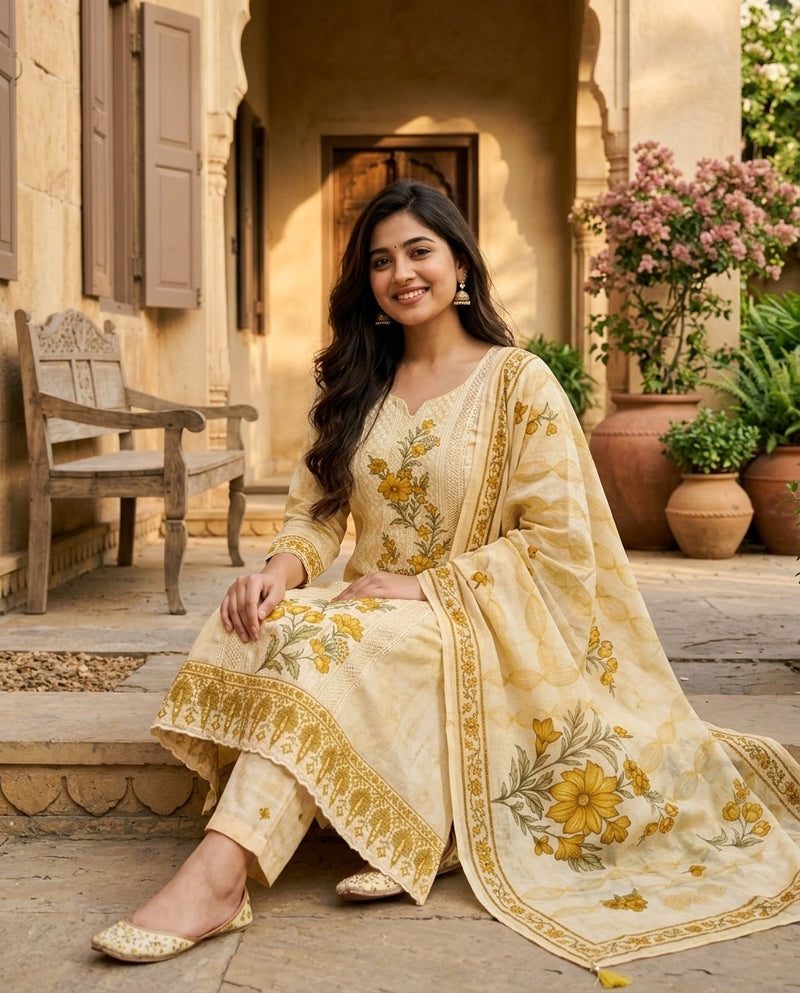 Cream & Mustard Floral Printed Round Neck Kurta Set with Dupatta