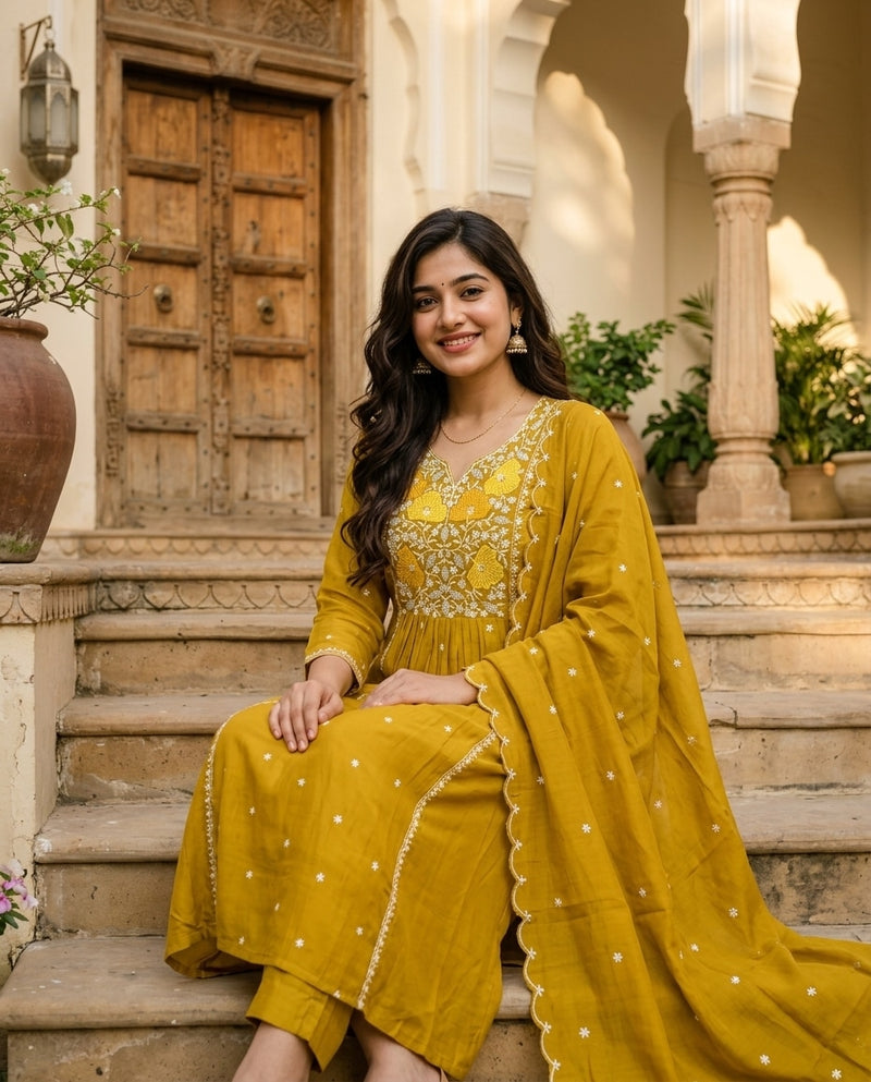 Mustard Yellow Embroidered V-Neck Kurta Set with Dupatta