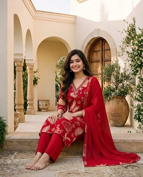 Red & Gold Floral Print Kurta Pant Set with Dupatta
