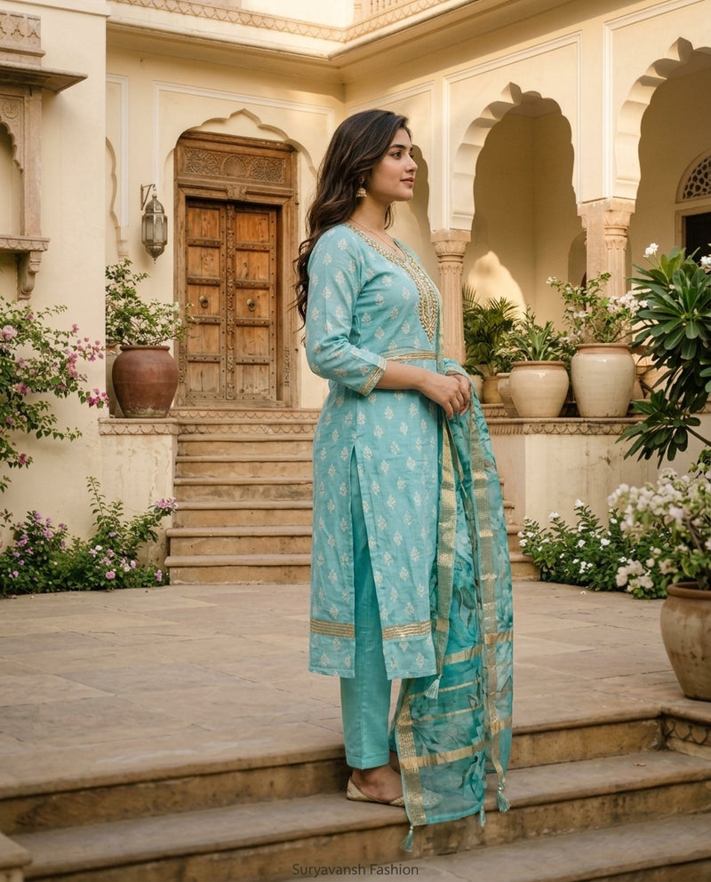 Light Blue Embroidered Kurta Set with Dupatta