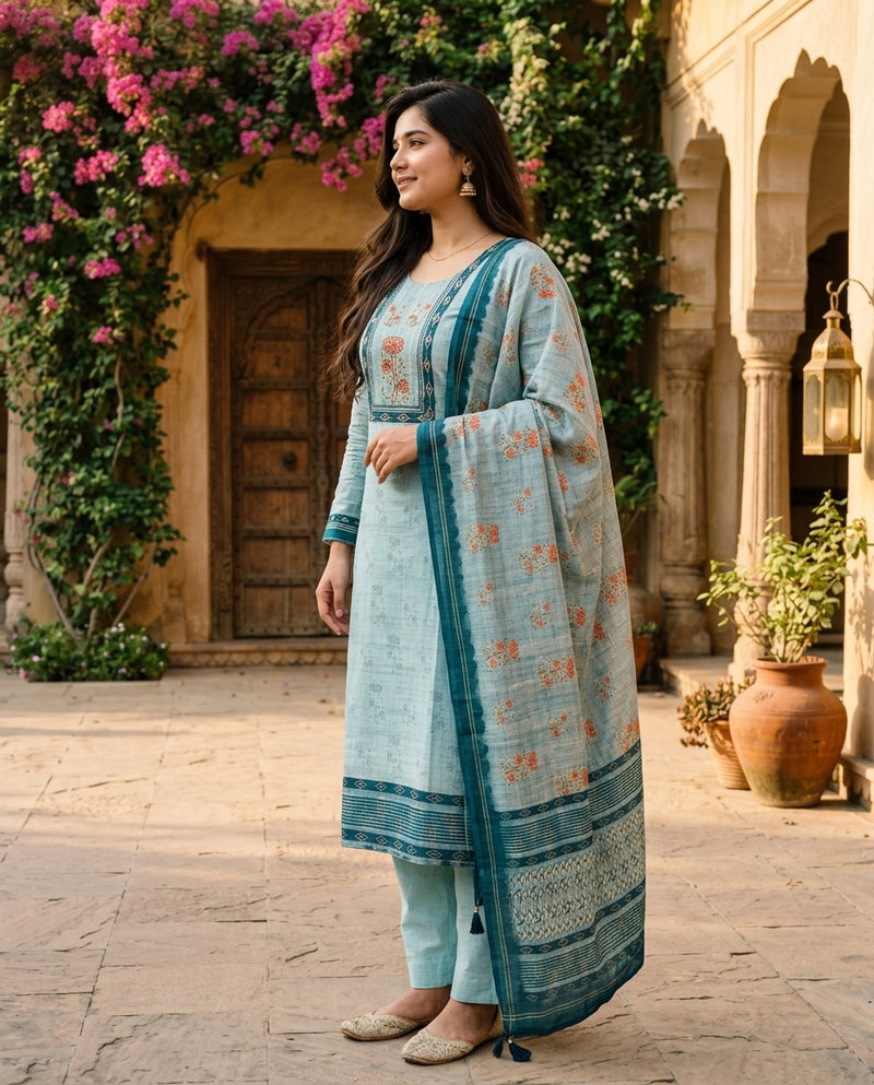 Light Blue Printed Slub Kurta Set with Dupatta