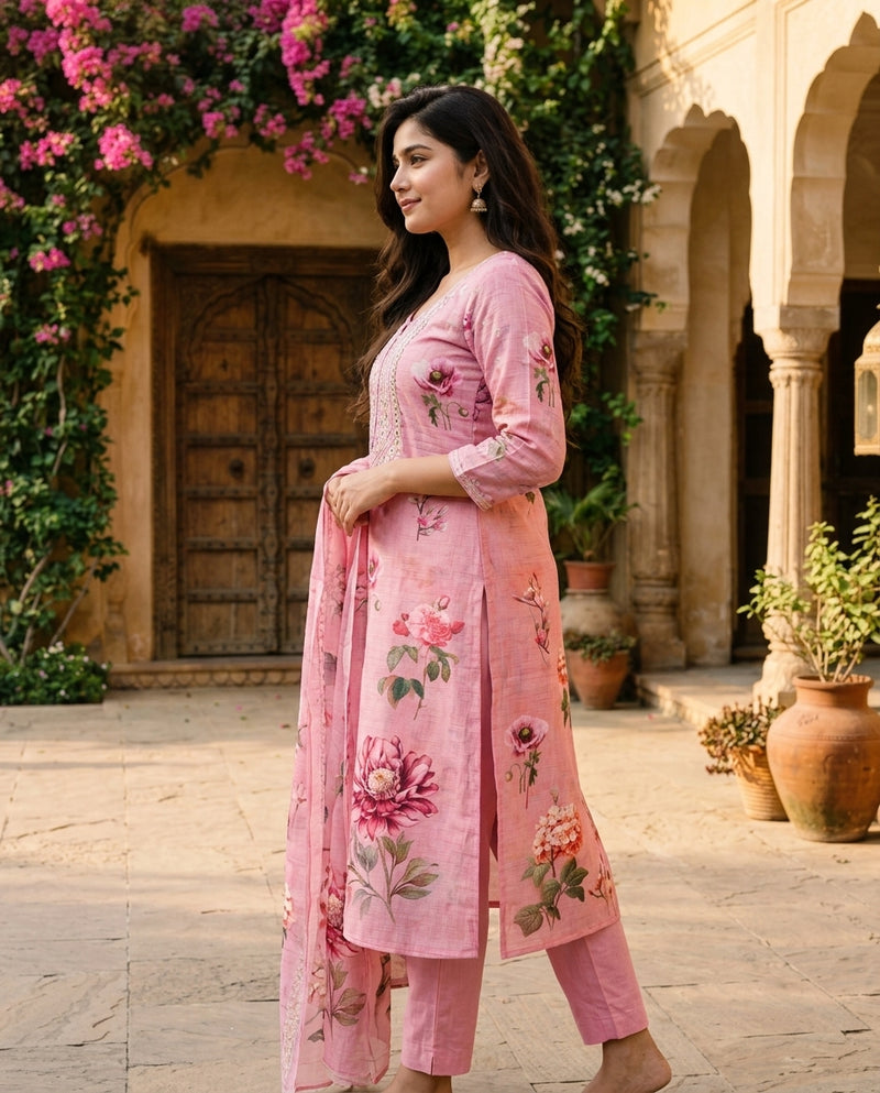 Pink Floral Print Kurta Set with Embroidered Yoke