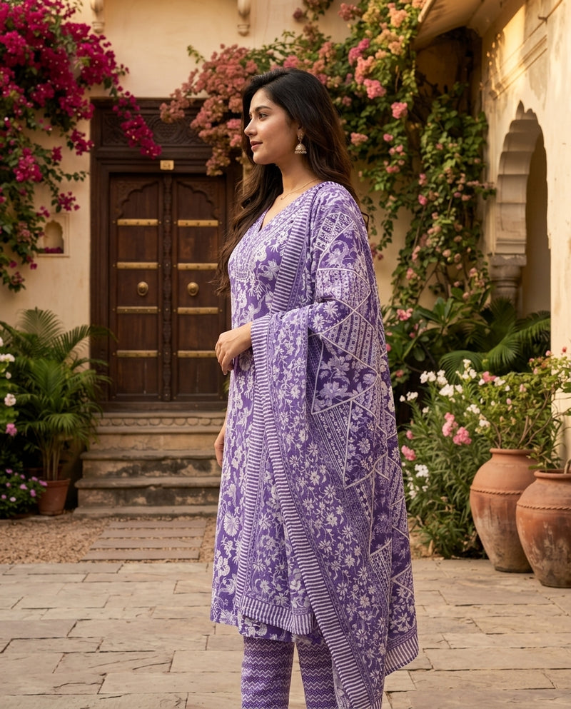 Purple Floral Printed V-Neck Kurta Set with Dupatta