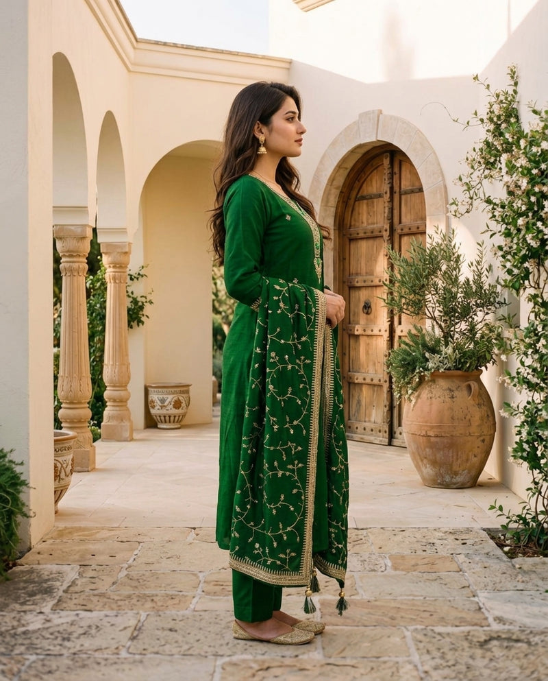 Emerald Green Embroidered Suit Set with Dupatta
