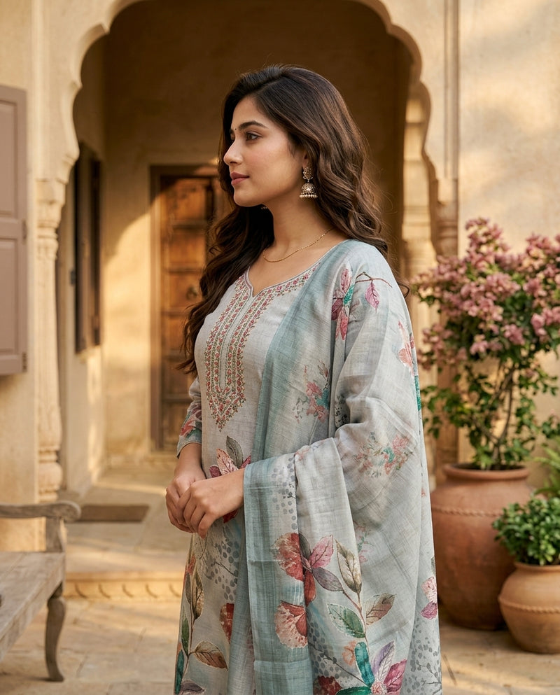 Grey Floral Printed Suit Set with Embroidered Neckline