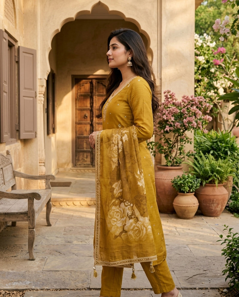 Mustard Yellow Embroidered Kurta Set with Dupatta