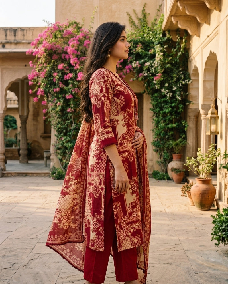 Maroon Printed V-Neck Kurta Set with Trousers and Dupatta