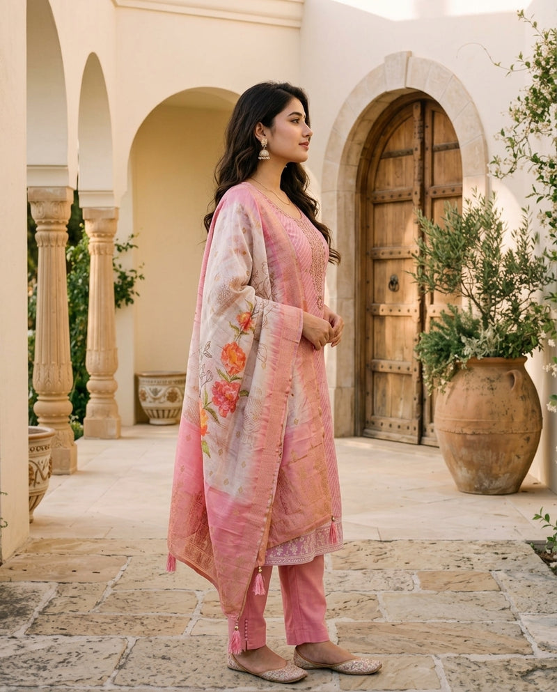 Pink Embroidered Kurta Set with Dupatta
