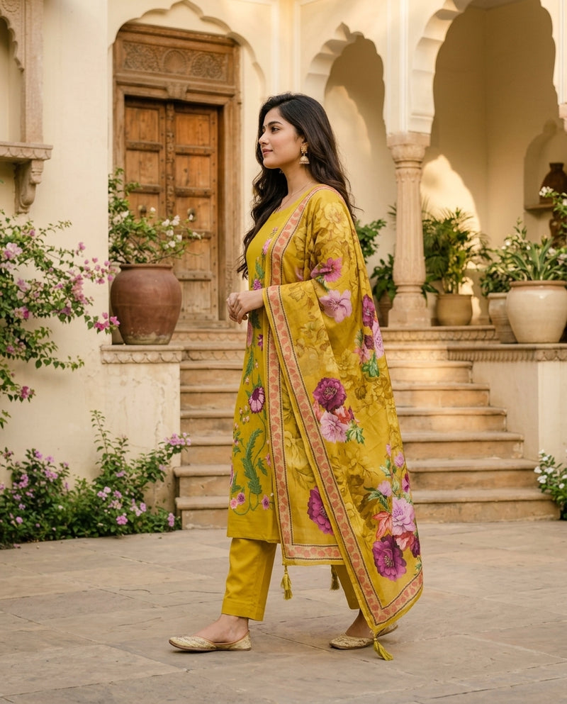 Yellow Floral Embroidered Kurta Set with Dupatta