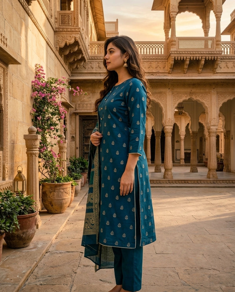 Teal Blue Woven Booti Kurta Set with Jacquard Dupatta