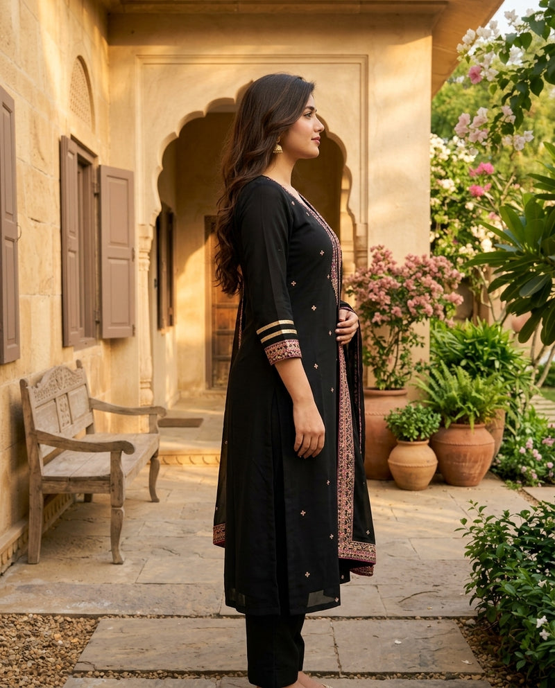 Black Embroidered Kurta with Trousers
