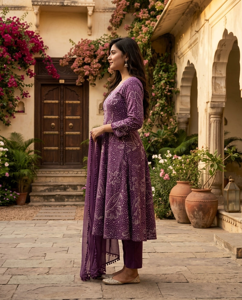 Purple Bandhani Print Flared Kurta Set with Dupatta