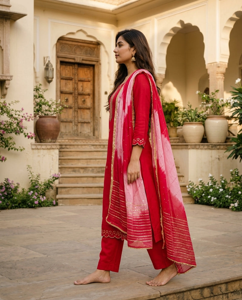 Red Embroidered Kurta Set with Leheriya Dupatta