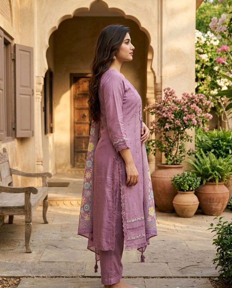 Mauve Embroidered Kurta Set with Printed Dupatta