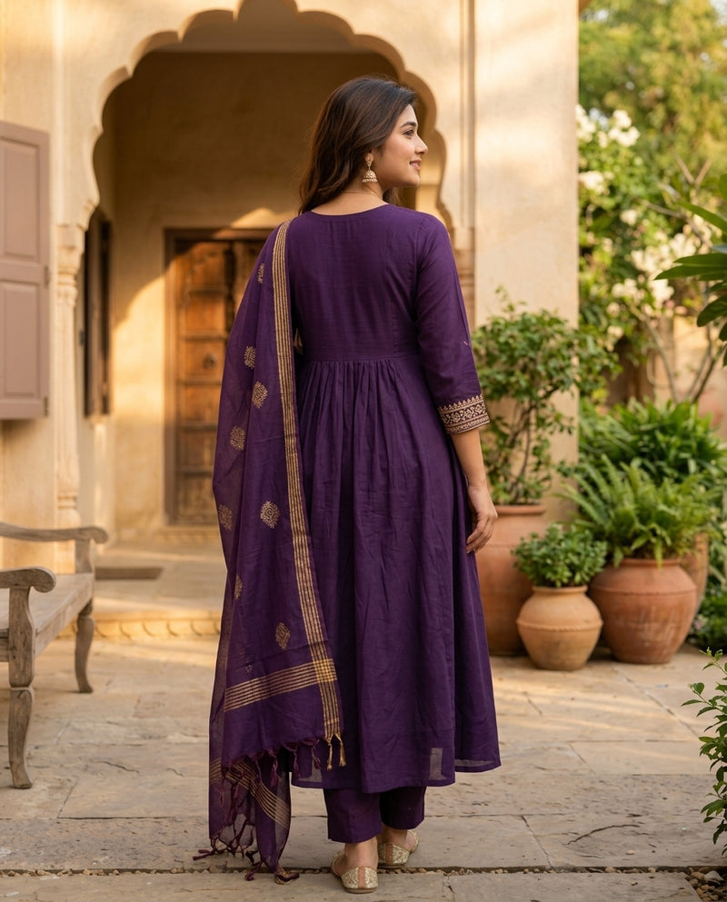 Purple Flared Frock Suit Set with Floral Embroidered Yoke