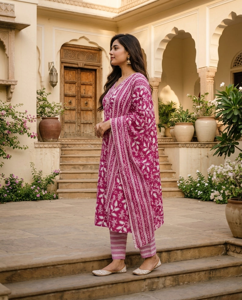 Magenta Floral Printed Kurta Set with Trousers and Dupatta
