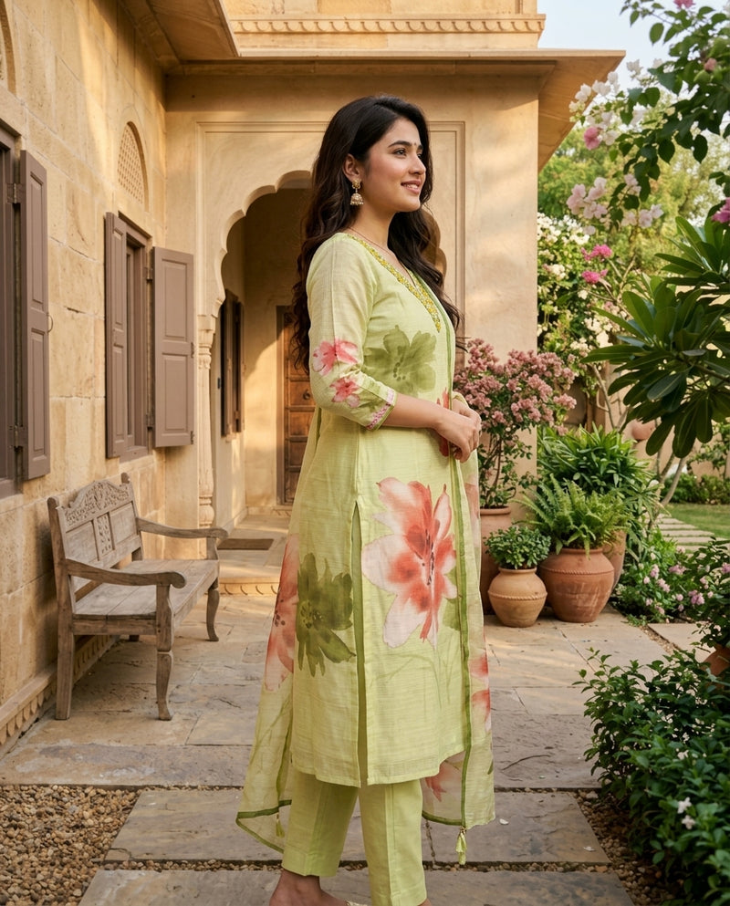 Light Green Floral Printed Suit Set with Embroidered V-Neck