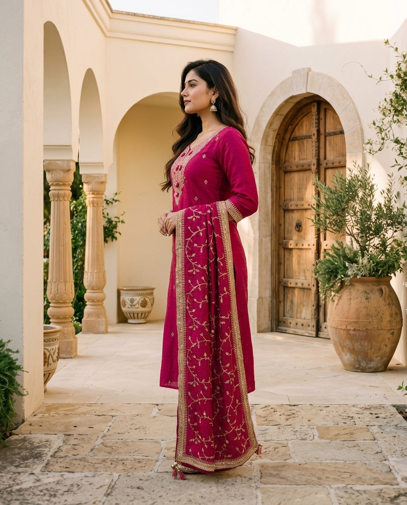 Magenta Embroidered Kurta Set with Dupatta and Trousers
