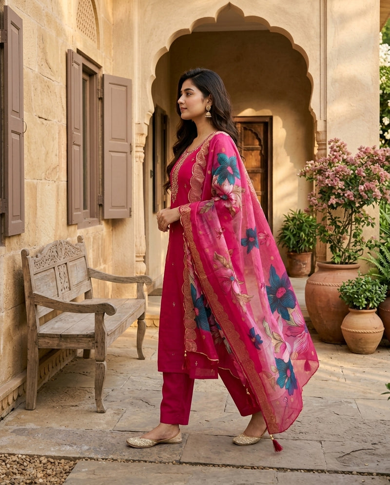 Magenta Embroidered Kurta Set with Floral Printed Dupatta